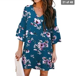 BELONGSCI Women's V-Neck Bell Sleeve Shift Mini Floral Dress Sz. M